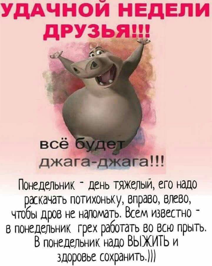 Понедельник _ день тяжелый его надо раскачать потихоньку вправо влево чтобы дров не натиэтьь Всем известно _ в понедельник грех работать во всю прыть В понедельник надо ВЫЖИТЬ и здоровье сохранить