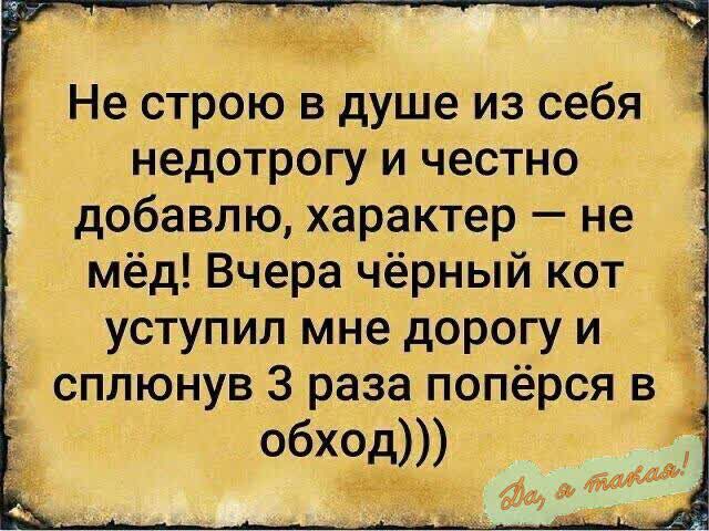 1 _ Не строю в душе из себя недотрогу и честно добавлю характер не мёд Вчера чёрный кот уступил мне дорогу и 1 сплюнув 3 раза попёрся в