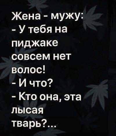 Жена мужу Утебя на пиджаке совсем нет волос Ичто Кто она эта лысая тварь