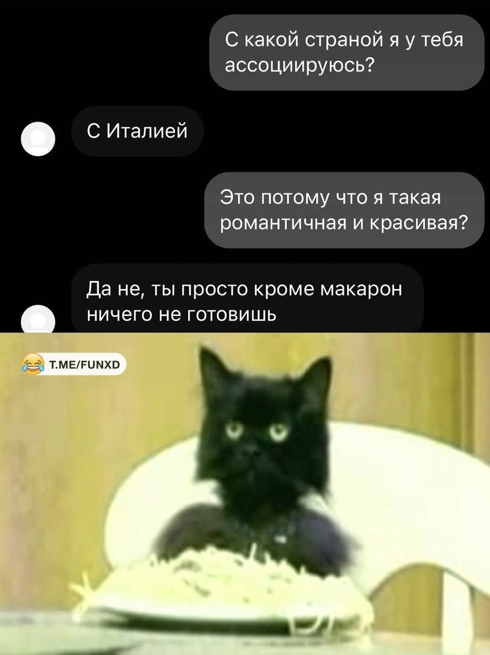 С какой страной я у тебя ассоциируюсь С Италией Это потому что я такая романтичная и красивая Да не ты просто кроме макарон ничего не готовишь