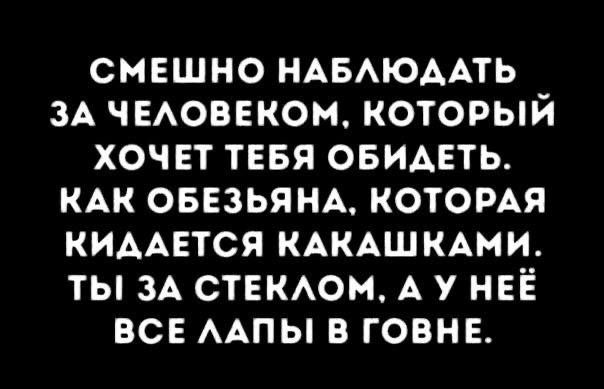 СМЕШНО НАБЛЮДАТЬ ЗА ЧЕЛОВЕКОМ КОТОРЫЙ ХОЧЕТ ТЕБЯ ОБИДЕТЬ КАК ОБЕЗЬЯНА КОТОРАЯ КИДАЕТСЯ КАКАШКАМИ ТЫ ЗА СТЕКЛОМ А У НЕЁ ВСЕ ЛАПЫ В ГОВНЕ