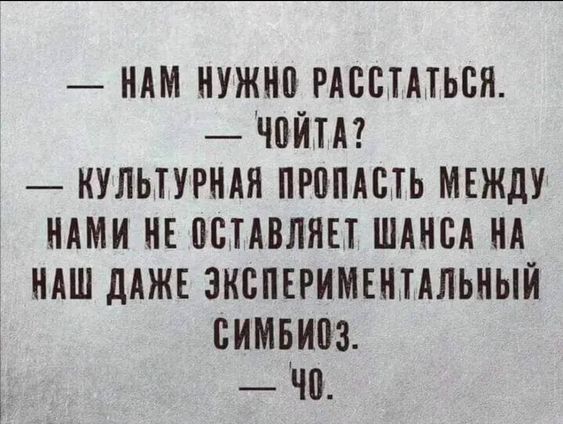 НАМ НУЖНО РАССТАТЬСЯ ЧОЙТА КУЛЬТУРНАЯ ПРОПАСТЬ МЕЖДУ НАМИ НЕ ОСТАВЛЯЕТ ШАНСА НА НАШ ДАЖЕ ЭКСПЕРИМЕНТАЛЬНЫЙ СИМБИ03 0