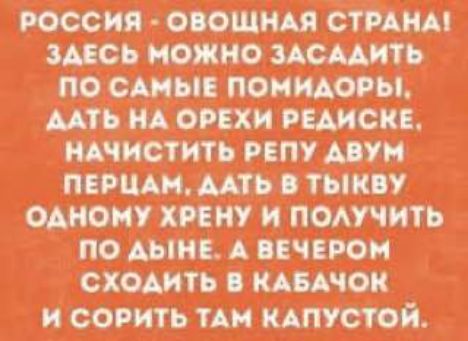 РОССИЯ ОВОЩНАЯ СТРАНА ЗАЕСЬ МОЖНО ЗАСАДИТЬ ПО САМЫЕ ПОМИДОРЫ ААТЬ НА ОРЕХИ РЕДИСКЕ НАЧИСТИТЬ РЕПУ ДВУМ ПЕРЦАМ ДАТЬ В ТЫКВУ ОДНОМУ ХРЕНУ И ПОЛУЧИТЬ ПО АЫНЕ А ВЕЧЕРОМ СХОДИТЬ В КАБАЧОК И СОРИТЬ ТАМ КАПУСТОЙ