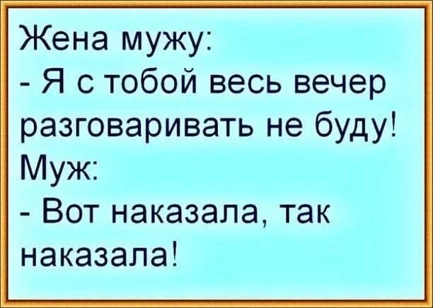 Жена мужу Я стобой весь вечер разговаривать не буду Муж Вот наказала так наказала