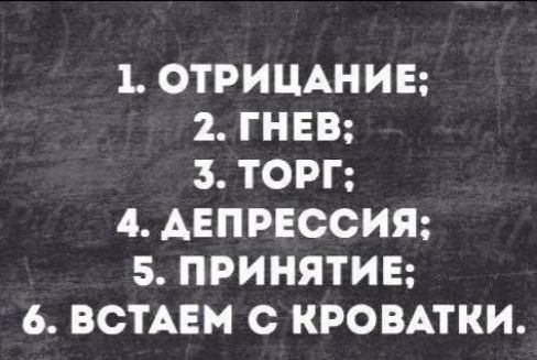 1 ОТРИЦАНИЕ 2 ГНЕВ ТОРГ 4 АДЕПРЕССИЯ 5 ПРИНЯТИЕ 6 ВСТАЕМ С КРОВАТКИ