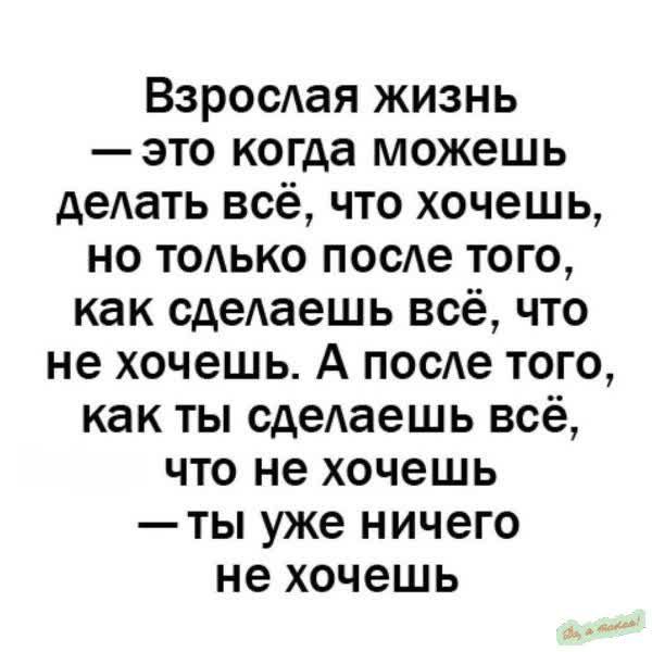 Взрослая жизнь — это когда можешь делать всё, что хочешь, но только после того, как сделаешь всё, что не хочешь. А после того, как ты сделаешь всё, что не хочешь — ты уже ничего не хочешь.