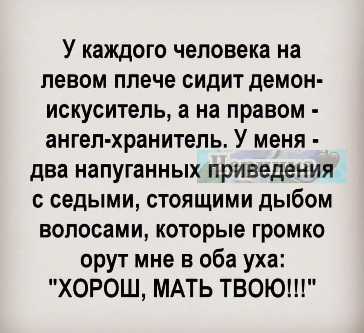 У каждого человека на левом плече сидит демон-искуситель, а на правом - ангел-хранитель. У меня - два напряженных приведения с седыми, стоящими дыбом волосами, которые громко орут мне в оба уха: 