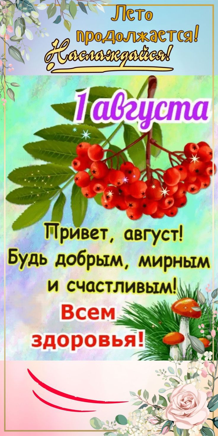 Лето продолжается! Наслаждайся! 1 августа Привет, август! Будь добрым, мирным и счастливым! Всем здоровья!