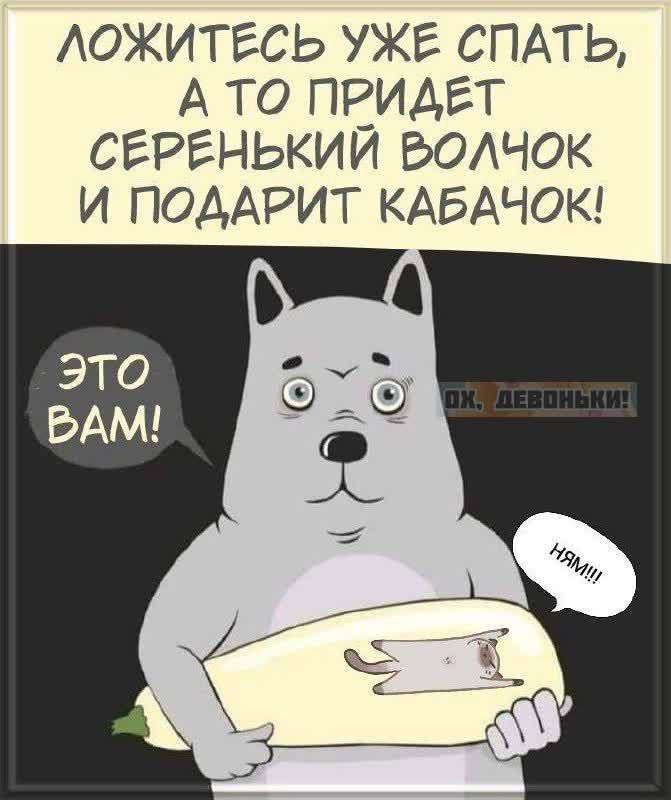 ЛОЖИТЕСЬ УЖЕ СПАТЬ, А ТО ПРИДЕТ СЕРЕНЬКИЙ ВОЛЧОК И ПОДАРИТ КАБАЧОК! ЭТО ВАМ! НЯМ!!!