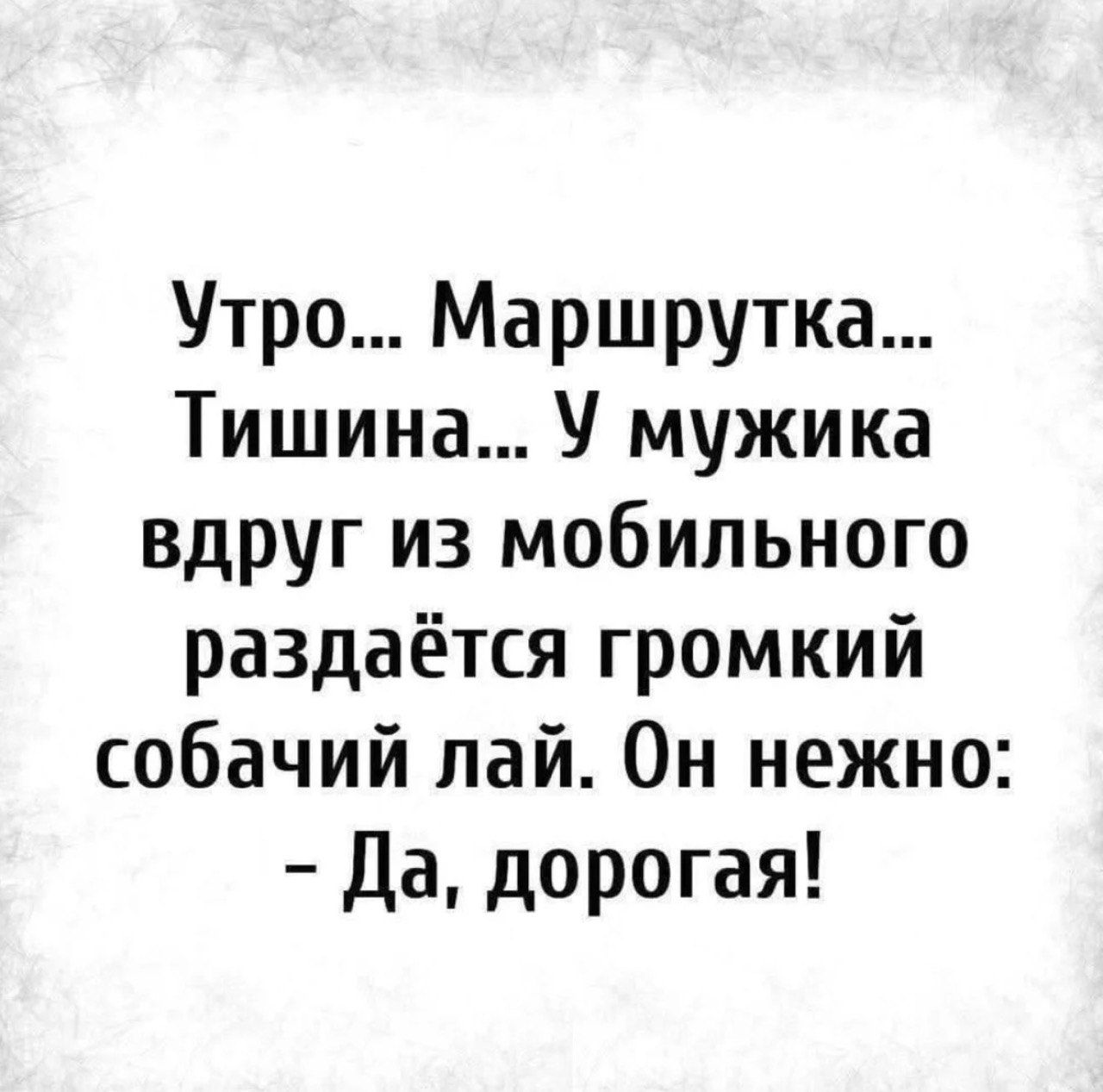 Утро... Маршрутка... Тишина... У мужика вдруг из мобильного раздается громкий собачий лай. Он нежно: - Да, дорогая!
