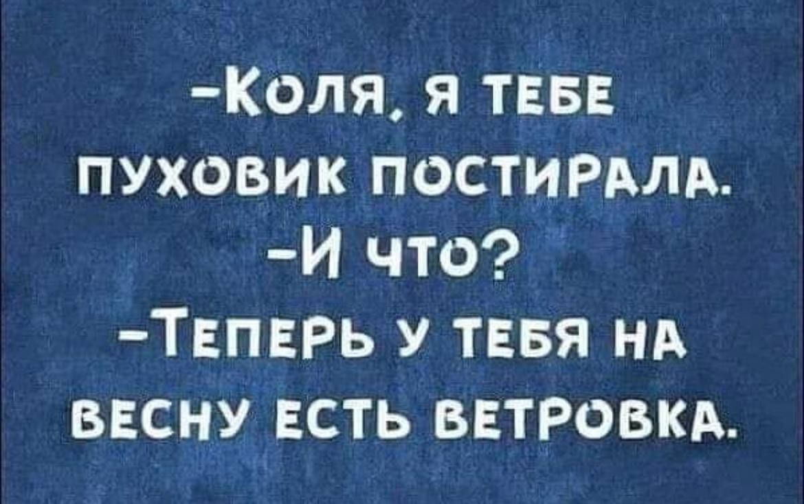 -Коля, я тебе пуховик постирала. -И что? -Теперь у тебя на весну есть ветровка.