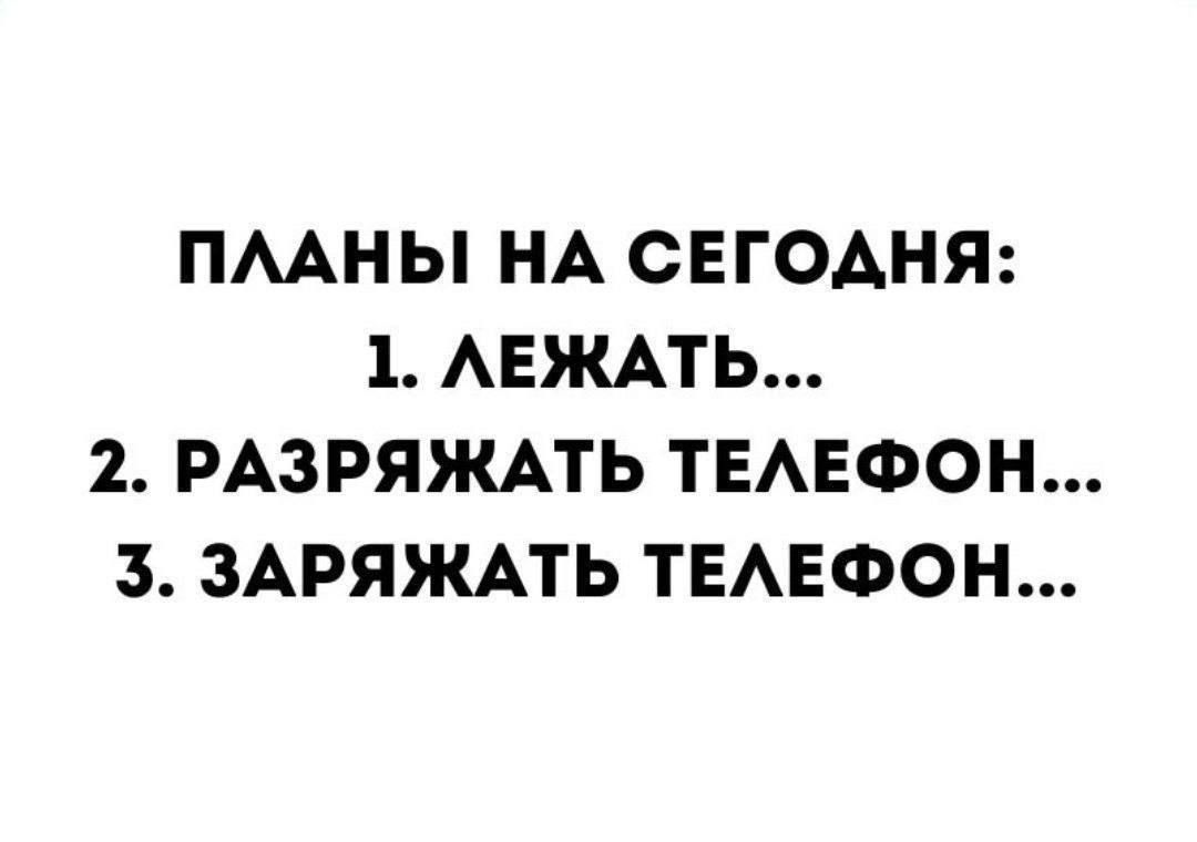 ПЛАНЫ НА СЕГОДНЯ: 1. ЛЕЖАТЬ... 2. РАЗРЯЖАТЬ ТЕЛЕФОН... 3. ЗАРЯЖАТЬ ТЕЛЕФОН...
