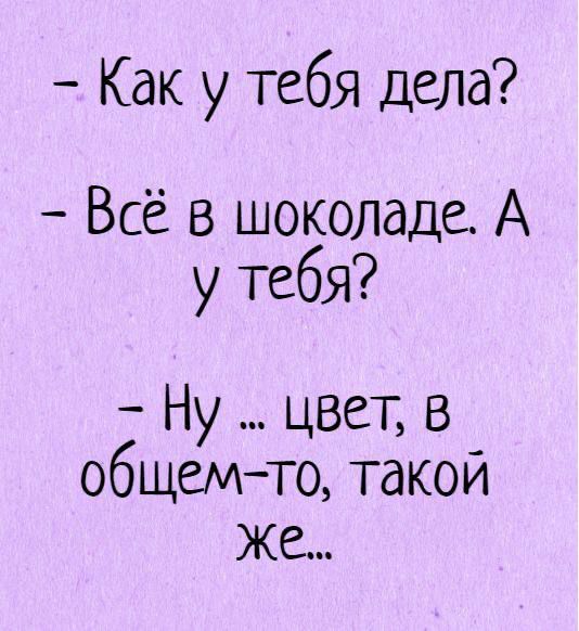 – Как у тебя дела? – Всё в шоколаде. А у тебя? – Ну ... цвет, в общем-то, такой же...