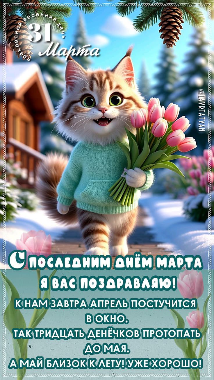прекрасный весенний день 31 Марта @LAVRTATYAN С последним днём МАРТА я вас ПОЗДРАВЛЯЮ! К нам завтра АПРЕЛЬ постучится в ОКНО. Так тридцать денёчков протопать до МАЯ. А МАЙ близок к ЛЕТУ! Уже ХОРОШО!