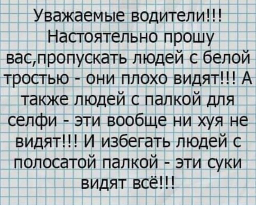 Уважаемые ВОДители Насгоятельно прошу васпропускать людей с белой тростью они плохо видят А также людей с палкой для селфи эти вообще ни хуя не 1 видят И избегать людей с полосатой палкой эти суки видят всё