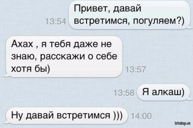Привет давай встретимся погуляем Ахах я тебя даже не знаю расскажи о себе хотя бы 1 Я алкаш Ну давай встретимся шпиц