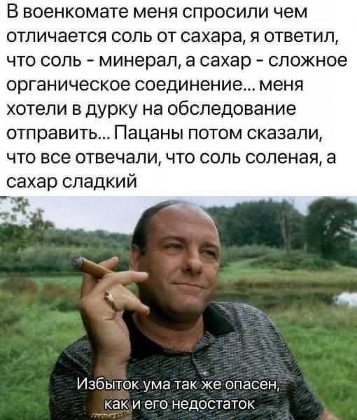 В военкомате меня спросили чем отличается соль от сахара, я ответил, что соль - минерал, а сахар - сложное органическое соединение... меня хотели в дурку на обследование отправить... Пацаны потом сказали, что все отвечали, что соль соленая, а сахар сладкий
Избыток ума так же опасен, как и его недостаток