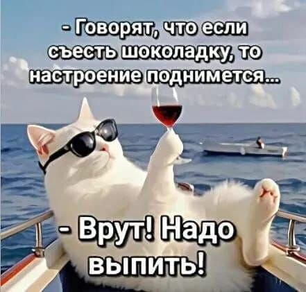 - Говорят, что если съесть шоколадку, то настроение поднимется...
- Врут! Надо выпить!
