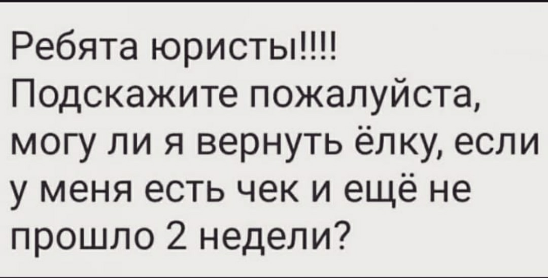 Ребята юристы Подскажите пожалуйста могу ли я вернуть ёлку если у меня есть чек и ещё не прошло 2 недели