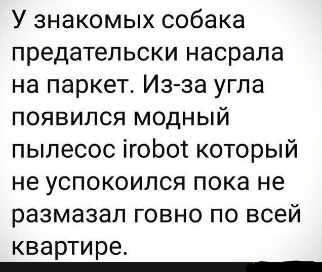 У знакомых собака предательски насрала на паркет Из за угла появился модный пылесос ігоЬот который не успокоился пока не размазал говно по всей квартире _