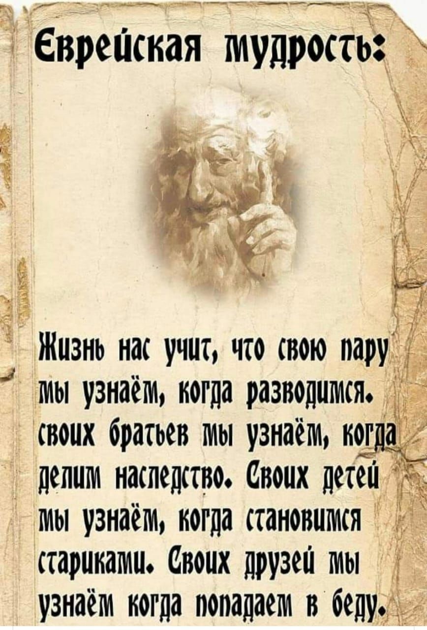 тнтц ___ ___д гЕврешкая мудрость Жизнь нас учит что свою пауу мы узнаём когда разводится скоих братьев мы узнаогк когадд допшк наследство Своих детеи дгкы узнаём когда становится сгауикагкп Своих друзогг мы узнаём когда попадаем поеду