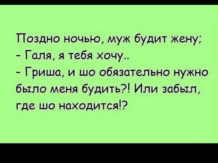 Поздно ночью муж будит жену Галя я тебя хочу Гриша и шо обязательно нужно было меня будить Или забыл где шо находится
