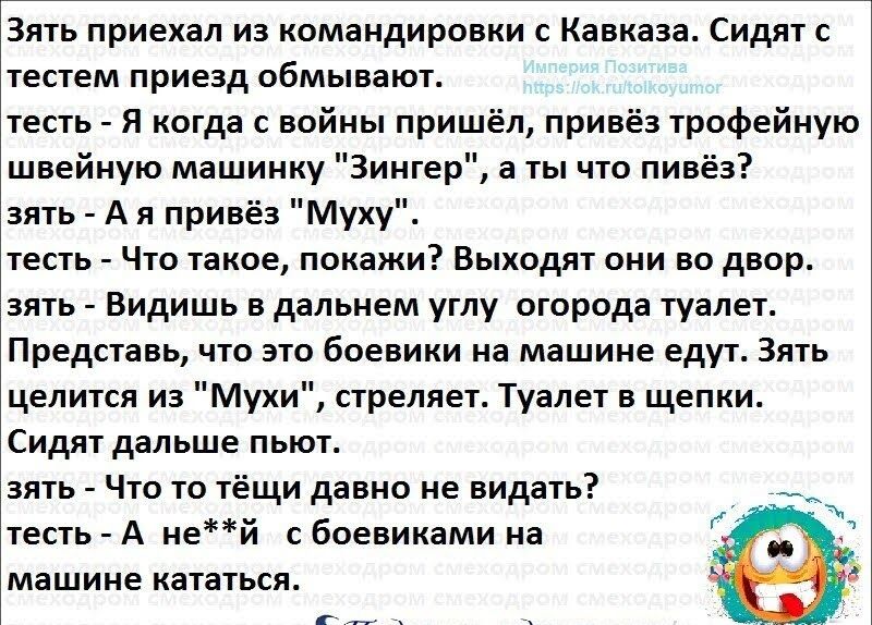 Зять приехал из командировки с Кавказа Сидят с тестем приезд обмывают тесть Я когда с войны пришёл привёз трофейную швейную машинку Зингер а ты что пивёз зять А я привёз Муху тесть Что такое покажи Выходят они во двор зять Видишь в дальнем углу огорода туалет Представь что это боевики на машине едут Зять целится из Мухи стреляет Туалет в щепки Сидят дальше пьют зять Что то тёщи давно не видать тес