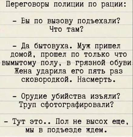 Переговоры полиции по рации:
- Вы по вызову подъехали? Что там?
- Да бытовуха. Муж пришел домой, прошел по только что вымытому полу, в грязной обуви. Жена ударила его пять раз сковородкой. Насмерть.
- Орудие убийства изъяли? Труп сфотографировали?
- Тут это... Пол не высох еще, мы в поджезде ждем.