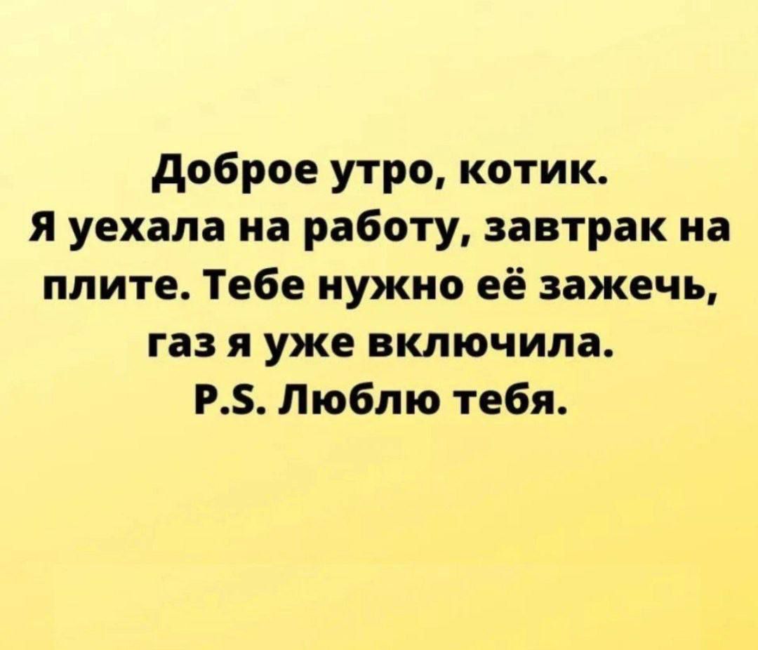 Доброе утро, котик.
Я уехала на работу, завтрак на плите. Тебе нужно её зажечь, газ я уже включила.
P.S. Люблю тебя.