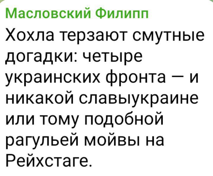Хохла терзают смутные догадки: четыре украинских фронта — и никакой славыукраине или тому подобной рагулей мойвы на Рейхстаге.