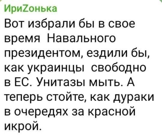 Вот избрали бы в своё время Навального президентом, ездили бы, как украинцы свободно в ЕС. Унитазы мыть. А теперь стойте, как дураки в очередях за красной икрой.
