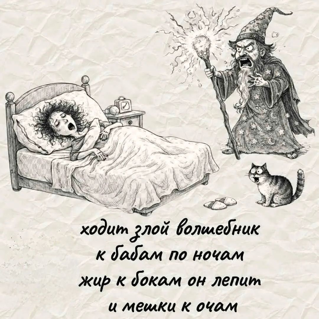 ходит злой волшебник к бабам по ночам жир к бокам он лепит и мешки к очам