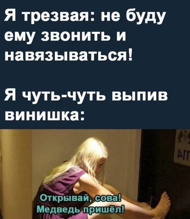 Я трезвая: не буду ему звонить и навязываться! Я чуть-чуть выпив винушка: Открывай, сова! Медведь пришёл!