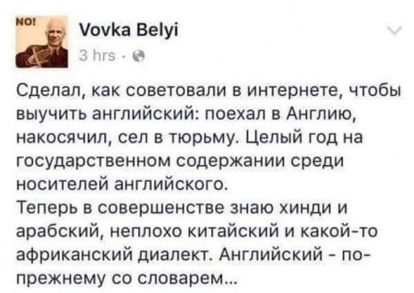 оуКа Веіуі _1 тн а Сделал как советовали в интернете чтобы выучить английский поехал в Англию накосячил сел в тюрьму Целый год на государственном содержании среди носителей английского Теперь в совершенстве знаю хинди и арабский неплохо китайский и какой то африканский диалект Английский по прежнему со словарем