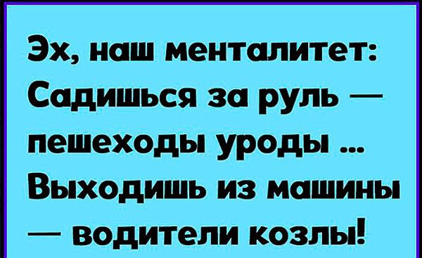 Эх наш менталитет Садишься за руль пешехды уроды Выходишь из машины водители козлы