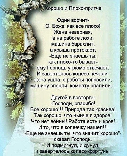 рошо и Ппохопритча Один ворчит 0 Боже как все плохо Жена неверная а на работе лохи машина барахлит в крыше протекает Еще не знаешь ты как плохо то бывает ему Господь угрюмо отвечает И завертепось Колесо печали жена ушла с работы попросили машину сперли комнату спалили другой в восторге Господи спасибо Всё хорошо Природа так красива Так хорошо что нынче я здоров Что нет войны Работа есть и кров И т