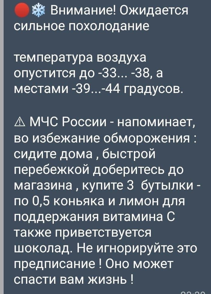 Внимание Ожидается сильное похолодание температура воздуха опустится до 33 38 а местами З9 44 градусов А МЧС России напоминает во избежание обморожения сидите дома быстрой перебежкой доберитесь до магазина купите 3 бутылки по 05 коньяка и лимон для поддержания витамина С также приветствуется шоколад Не игнорируйте это предписание Оно может спасти вам жизнь