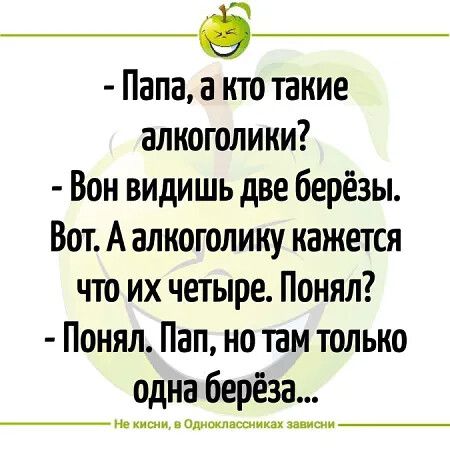 Э Папа а кто такие алкоголики Вон видишь две берёзы Вот А алкоголику кажется что их четыре Понял Понял Пап но там только одна берёза Не кисни в Одноклассниках зависни