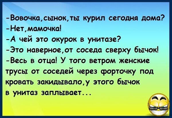 Вовочкасынок ты курил сегодня дома Нетмамочка А чей это окурок в унитазе Это наверноеот соседа сверху бычок Весь в отца У того ветром женские трусы от соседей через форточку под кровать закидывалоу этого бычок в унитаз заплывает