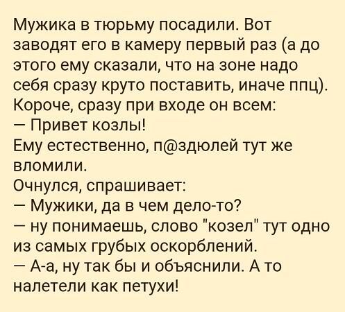 Мужика в тюрьму посадили Вот заводят его в камеру первый раз а до этого ему сказали что на зоне надо себя сразу круто поставить иначе ппц Короче сразу при входе он всем Привет козлы Ему естественно пздюлей тут же вломили Очнулся спрашивает Мужики да в чем дело то ну понимаешь слово козел тут одно из самых грубых оскорблений Аза ну так бы и объяснил