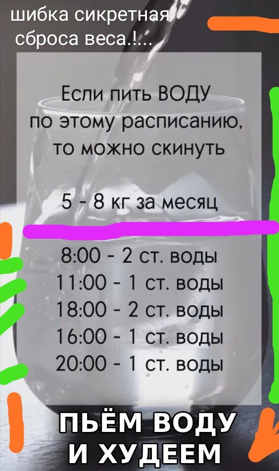 шибка сикретная 1 сброса веса Если пить ВОДУ по этому расписанию то можно скинуть 5 8 кг за месяц 800 2 ст воды 5 1100 1 ст воды г 1800 2 ст воды 5 1600 1 ст воды 2000 1 ст воды И ХУДЕЕМ