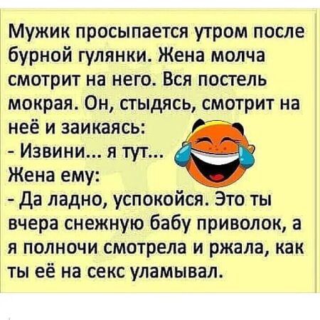 Мужик просыпается утром после бурной гулянки Жена молча смотрит на него Вся постель Ё мокрая Он стыдясь смотрит на неё и заикаясь Извини я тут Жена ему Да ладно успокойся Это ты вчера снежную бабу приволок а я полночи смотрела и ржала как ты её на секс уламывал