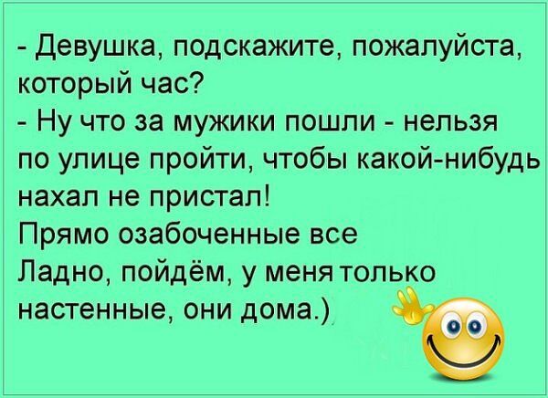 Девушка подскажите пожалуйста который час Ну что за мужики пошли нельзя по улице пройти чтобы какой нибудь нахал не пристал Прямо озабоченные все Ладно пойдём у меня только настенные они дома оо