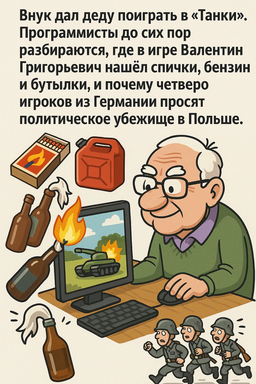 Внук дал деду поиграть в «Танки». Программисты до сих пор разбираются, где в игре Валентин Григорьевич нашёл спички, бензин и бутылки, и почему четверо игроков из Германии просят политическое убежище в Польше.