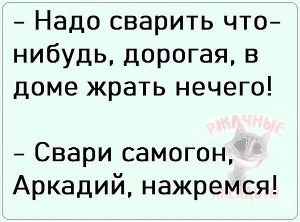 – Надо сварить что-нибудь, дорогая, в доме жрать нечего!
– Свари самогон, Аркадий, нажремся!