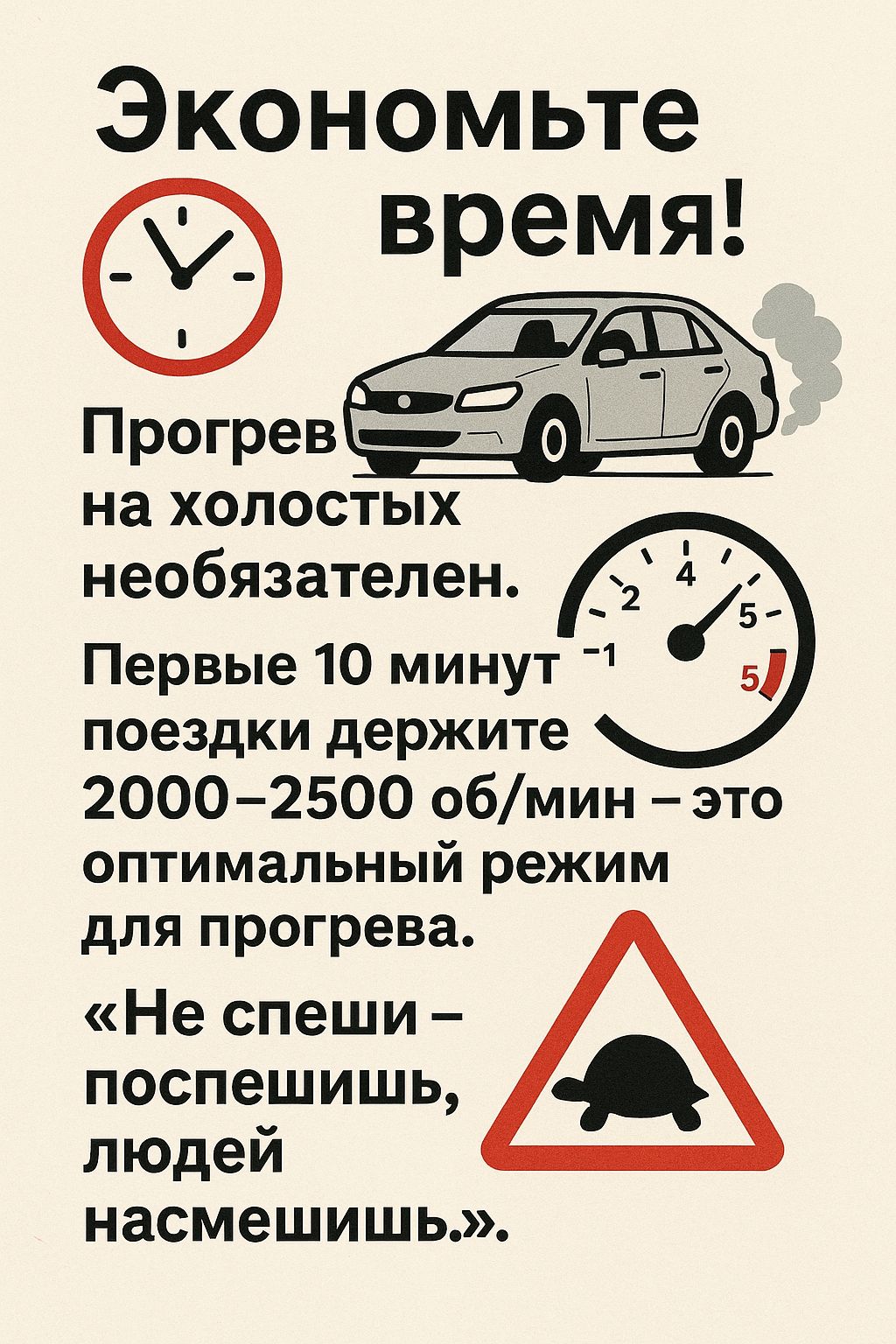 Экономьте время!
Прогрев на холостых необязателен.
Первые 10 минут поездки держите 2000–2500 об/мин – это оптимальный режим для прогрева.
«Не спеши – поспешишь, людей насмешишь». 