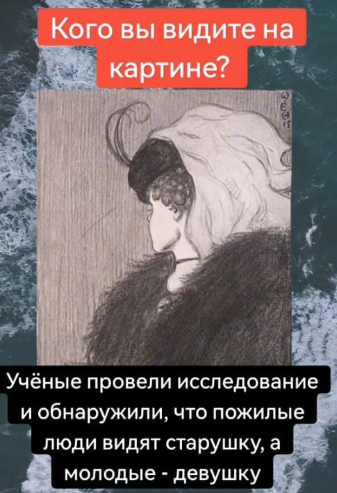 Кого вы видите на картине? Учёные провели исследование и обнаружили, что пожилые люди видят старушку, а молодые - девушку.