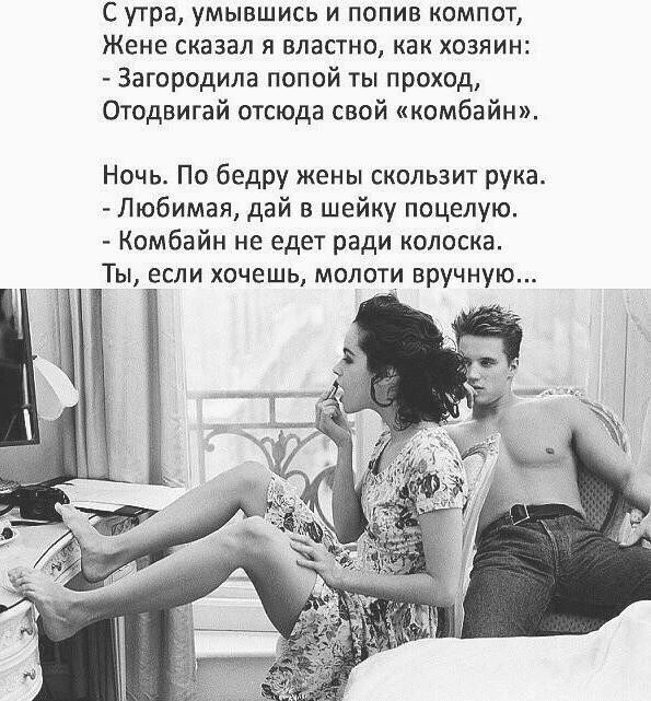 С утра, умывшись и попив компот,
Жене сказал я властно, как хозяин:
- Загородила попой ты проход,
Отодвигай отсюда свой 