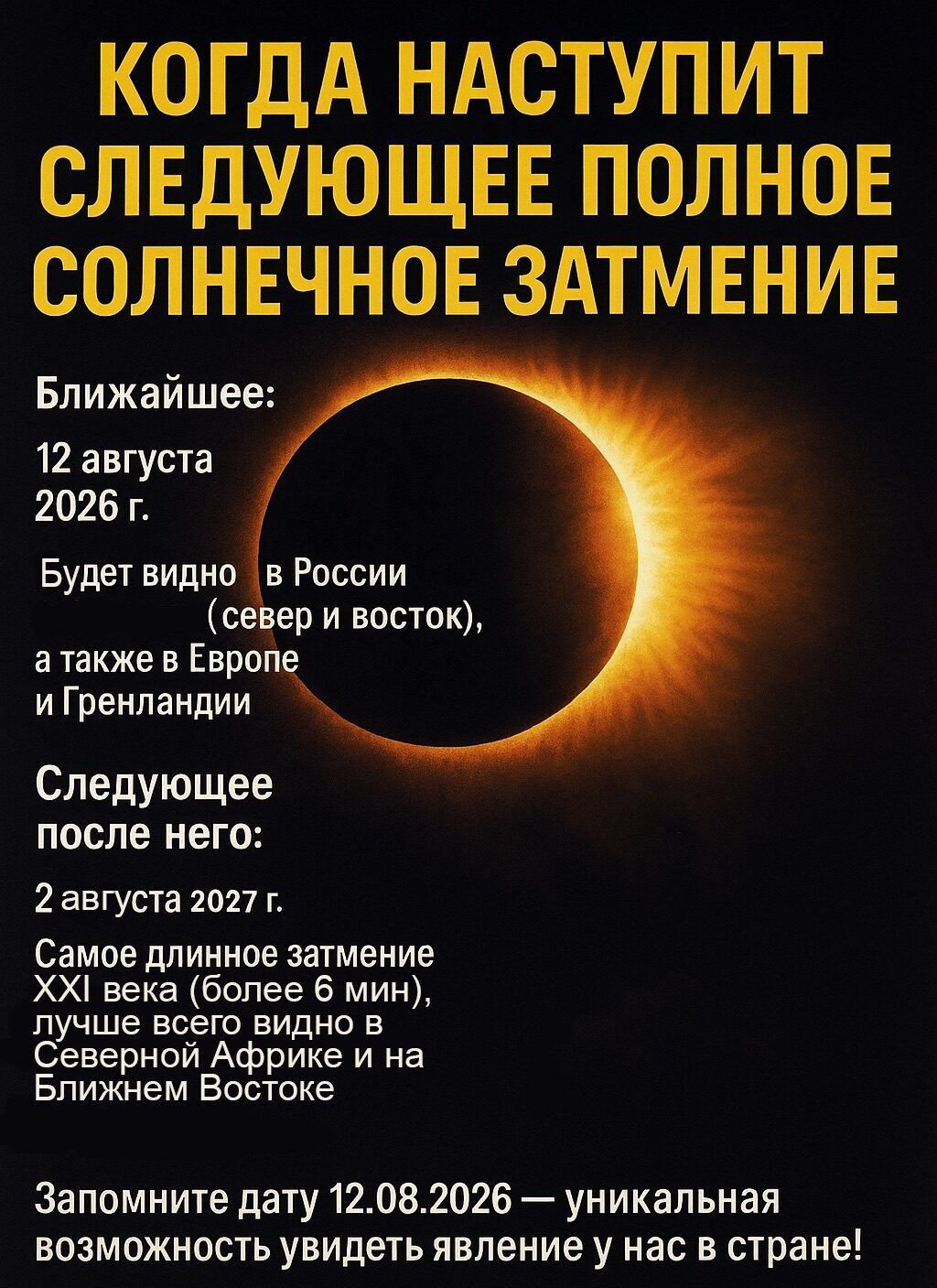 КОГДА НАСТУПИТ СЛЕДУЮЩЕЕ ПОЛНОЕ СОЛНЕЧНОЕ ЗАТМЕНИЕ

Ближайшее: 12 августа 2026 г. Будет видно в России (север и восток), а также в Европе и Гренландии. Следующее после него: 2 августа 2027 г. Самое длинное затмение XXI века — более 6 мин, лучше видно в Северной Африке и на Ближнем Востоке. Запомните дату 12.08.2026.