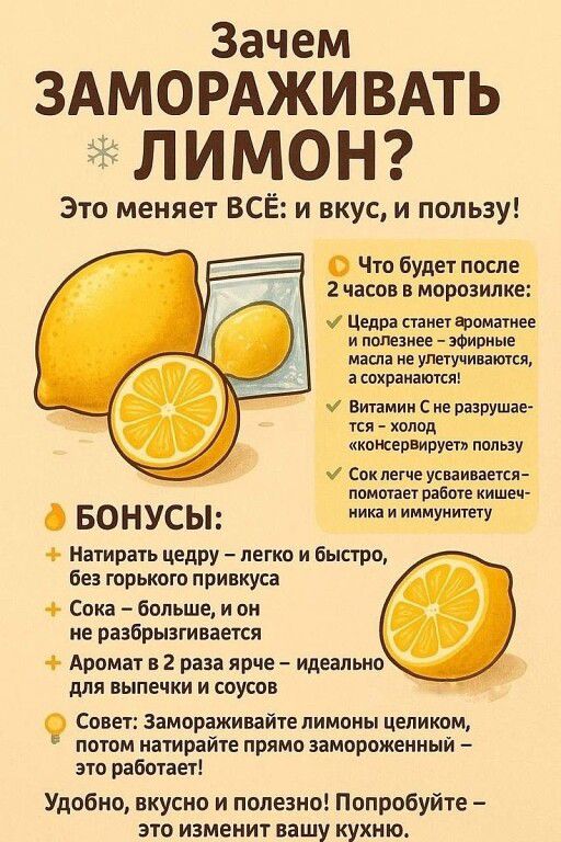 Зачем ЗАМОРAЖИВАТЬ ЛИМОН? Это меняет ВСЁ: вкус и пользу! Цедра станет ароматнее и полезнее — масла сохраняются. Витамин C не разрушается — холод консервирует пользу. Сок легче усваивается и поддерживает иммунитет. БОНУСЫ: натирать цедру легко, сок больше, аромат ярче. Совет: замораживайте целиком, потом натирайте замороженный.